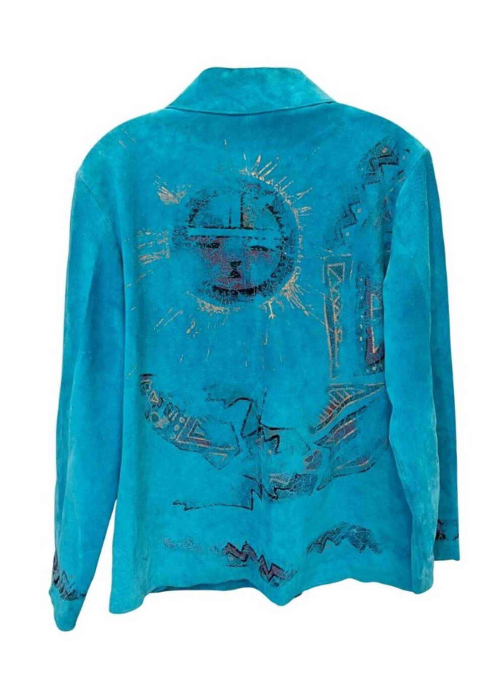 Vintage Chico's Blue Suede Leather Western Aztec‎ Print Jacket - Size 1, Medium